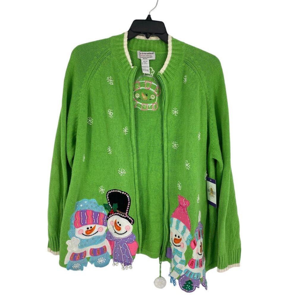 Tiara International Xmas Sweater 26/28 Green Zip Front Snowmen Cozy Holiday Wear - Picture 10 of 13
